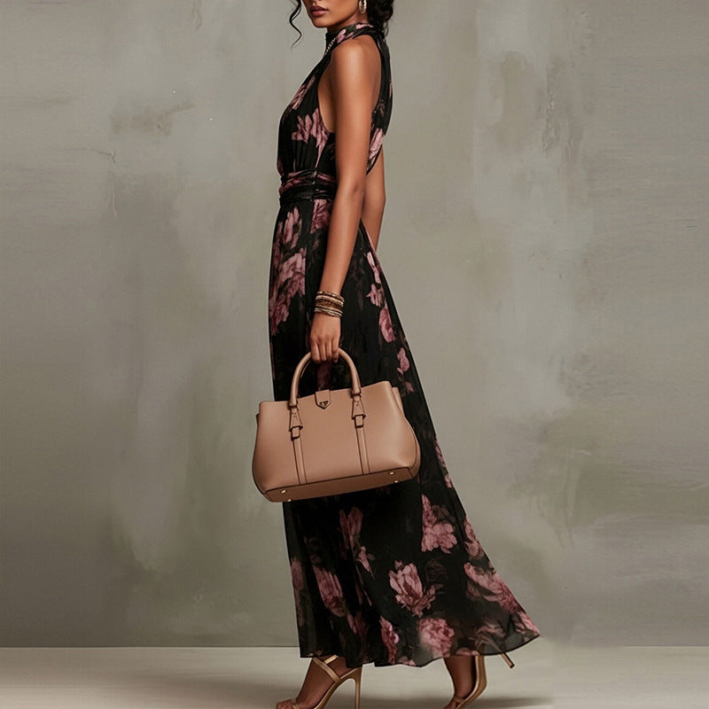 Women's Elegant Print Halter Neck Waist-Cinching Dress