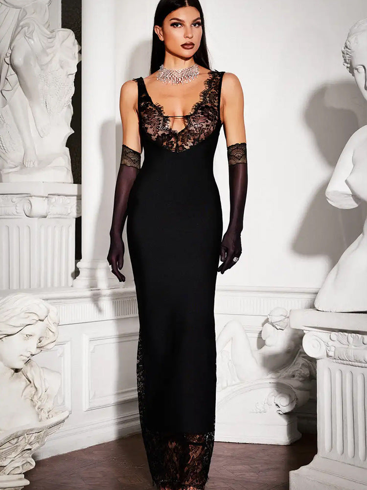 Sleeveless Strap V-Neck Lace Stitching Elegant Dress