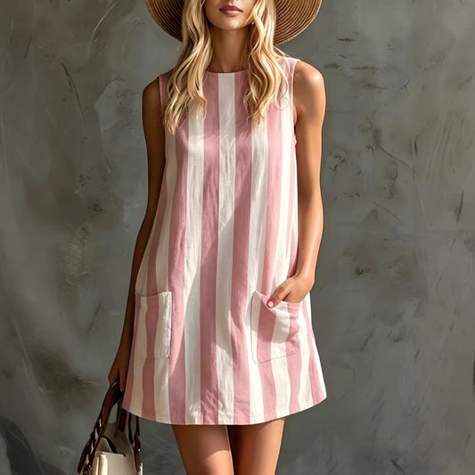 Women's Retro Striped Sleeveless Round Neck Tank Dress