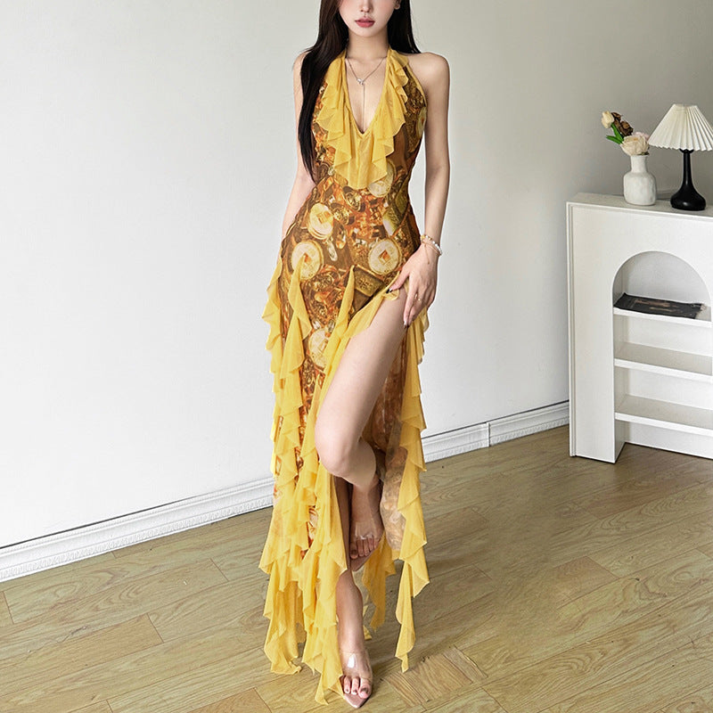 Women's Striped Floral Backless Dress