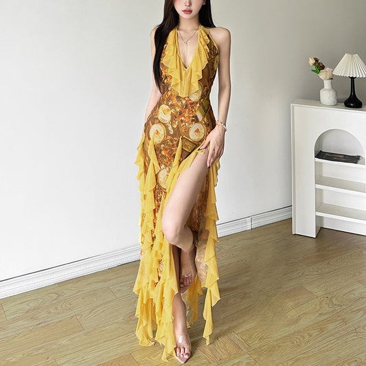 Women's Striped Floral Backless Dress