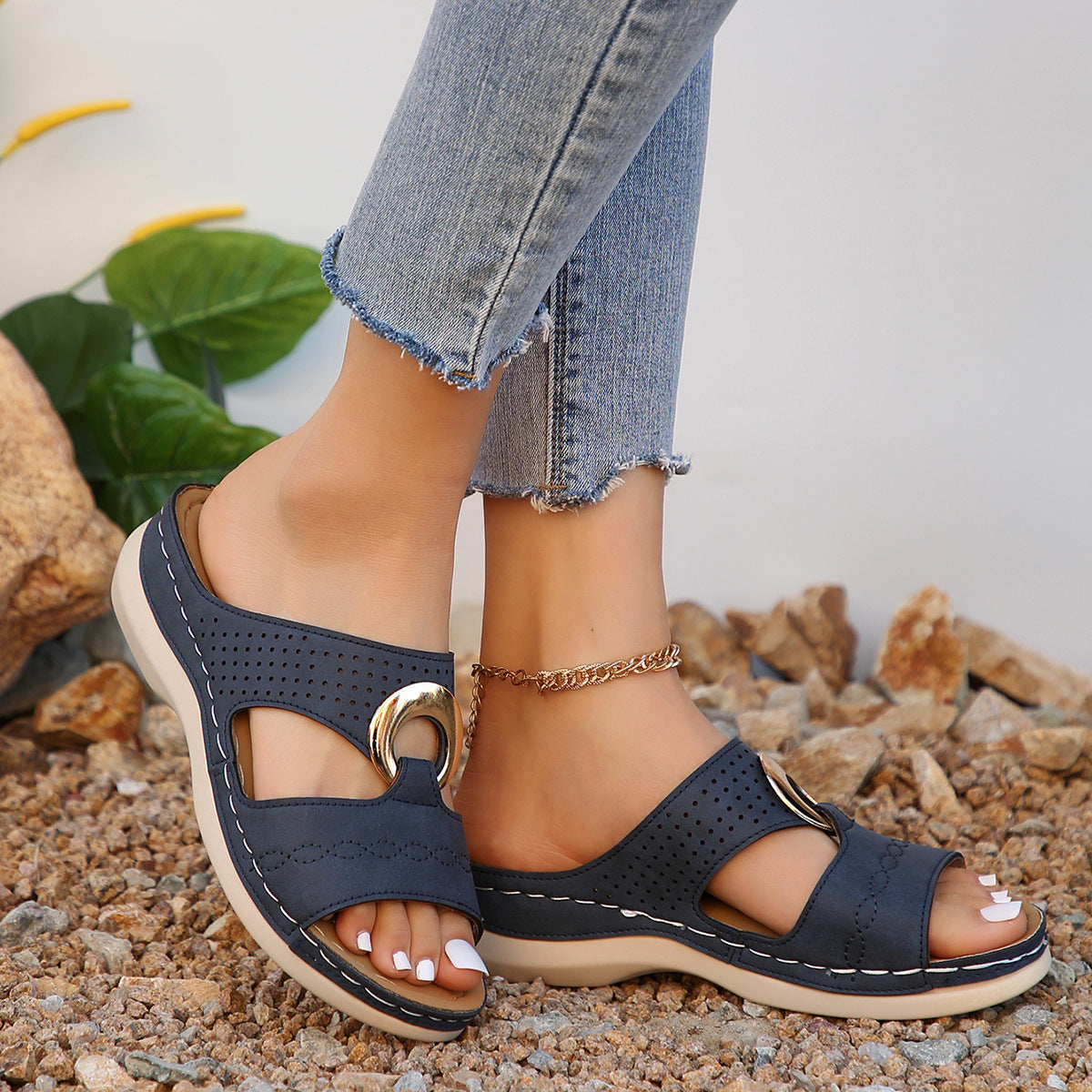 Women's Perforated Leather Wedge Sandals