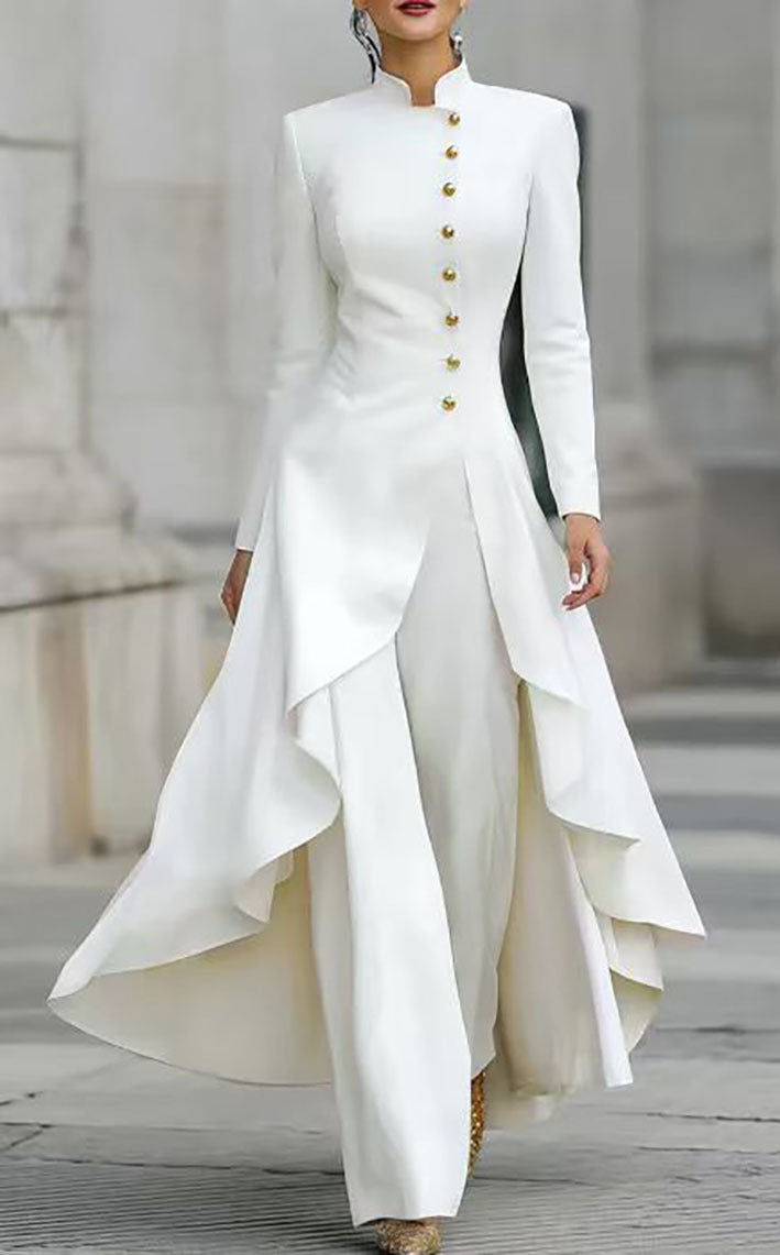 High Collar Top and Midi Skirt Set in White