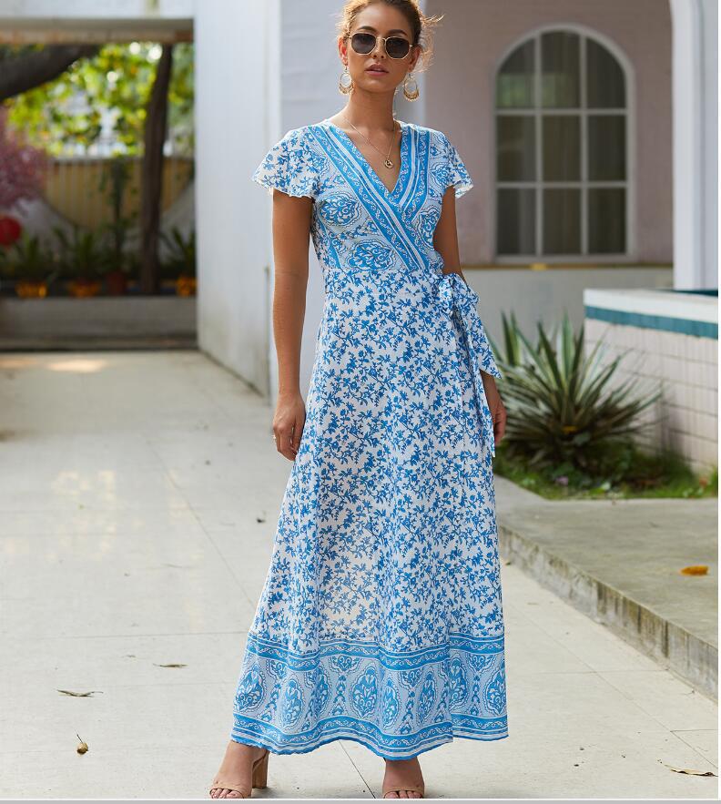 Bohemian Floral Print Sleeveless Maxi Dress in Light Blue