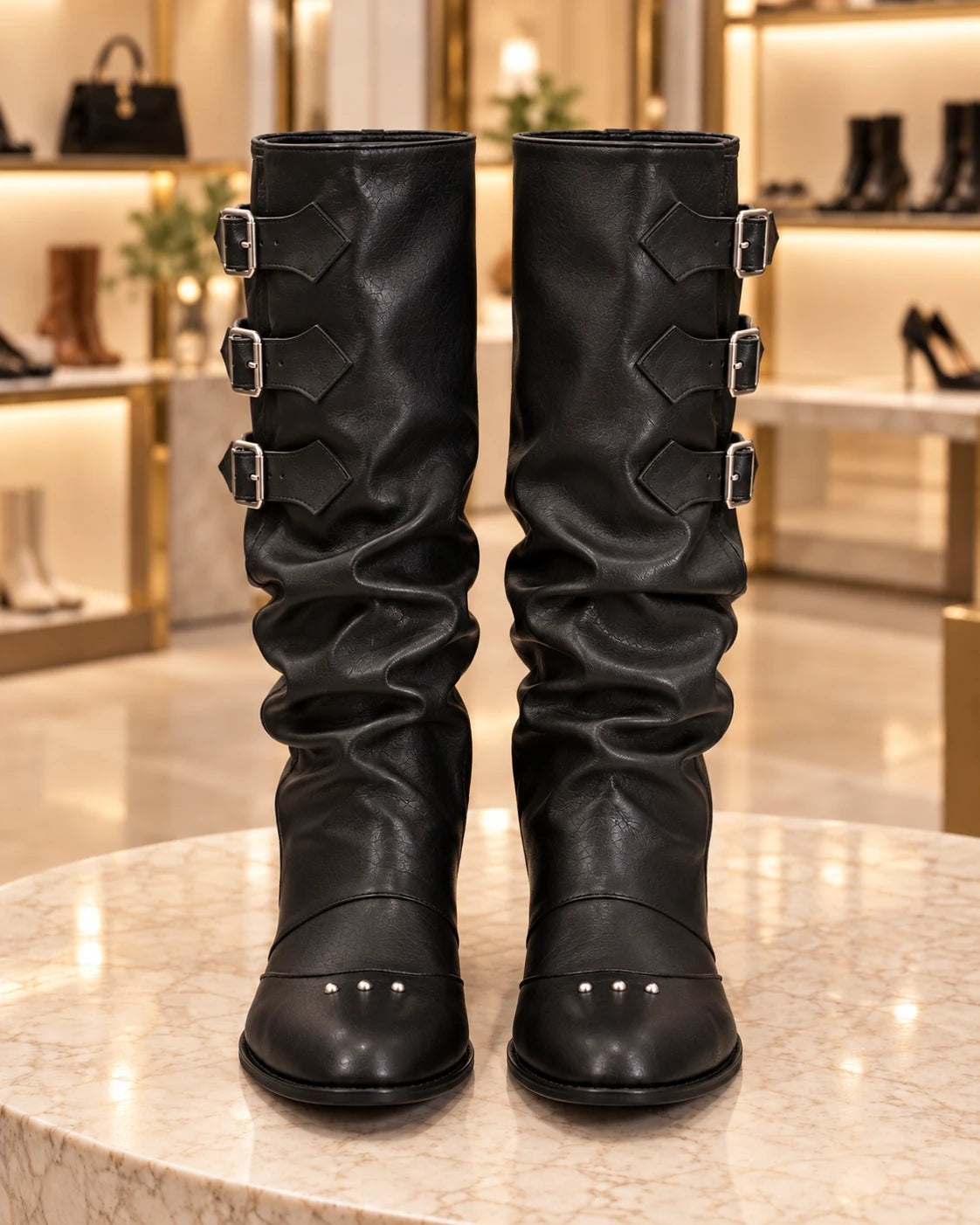 Belt-Buckle Pointed-Toe Riding Boots