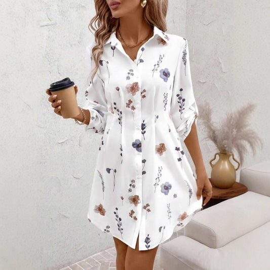 Women's Floral Print Lapel Long Sleeve Shirt Dress