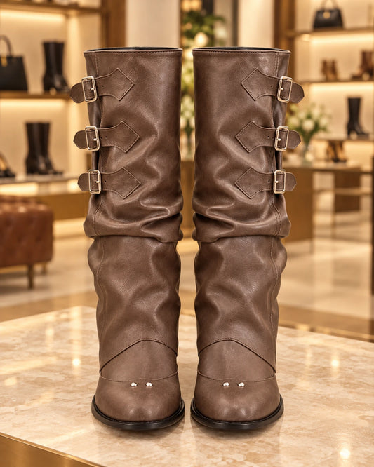 Belt-Buckle Pointed-Toe Riding Boots