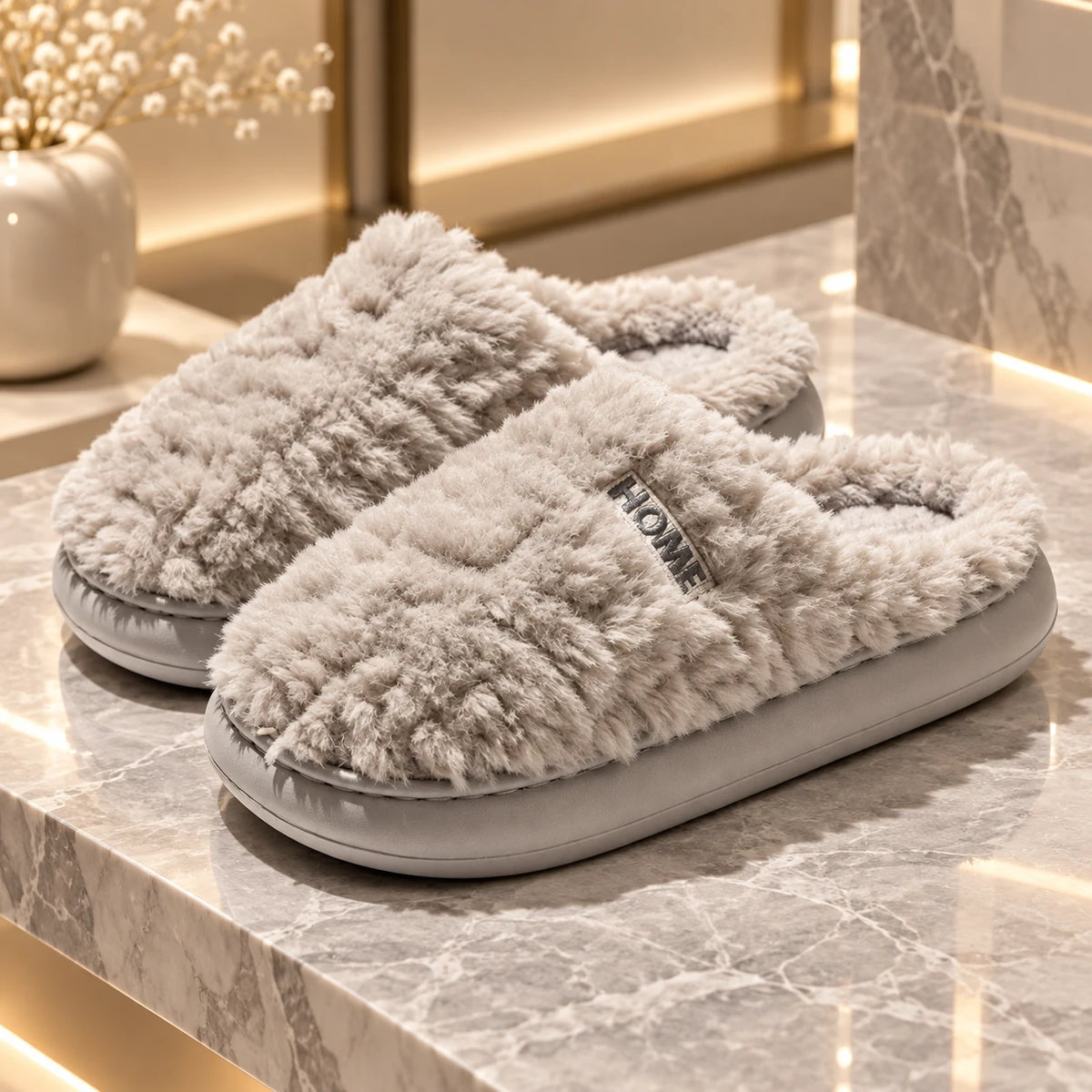 Fleece-Lined Suede Slippers with Thick Sole