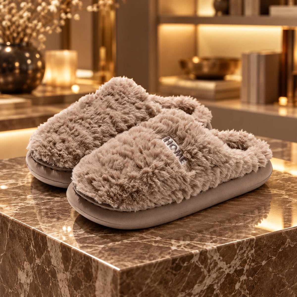 Fleece-Lined Suede Slippers with Thick Sole