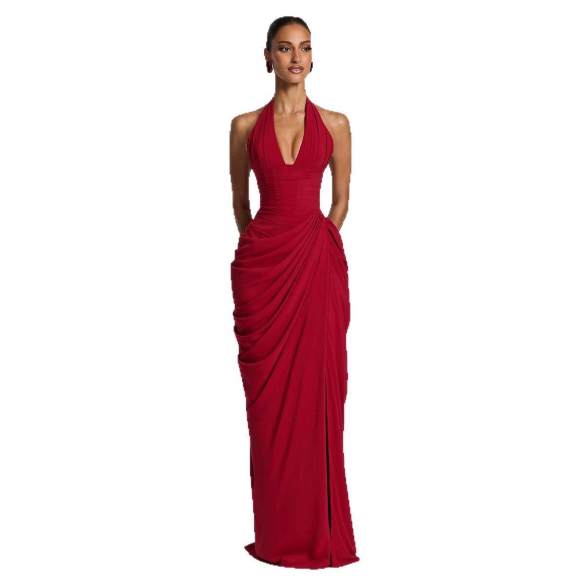 Women's Halter V-Neck Pleated Bodycon Dress