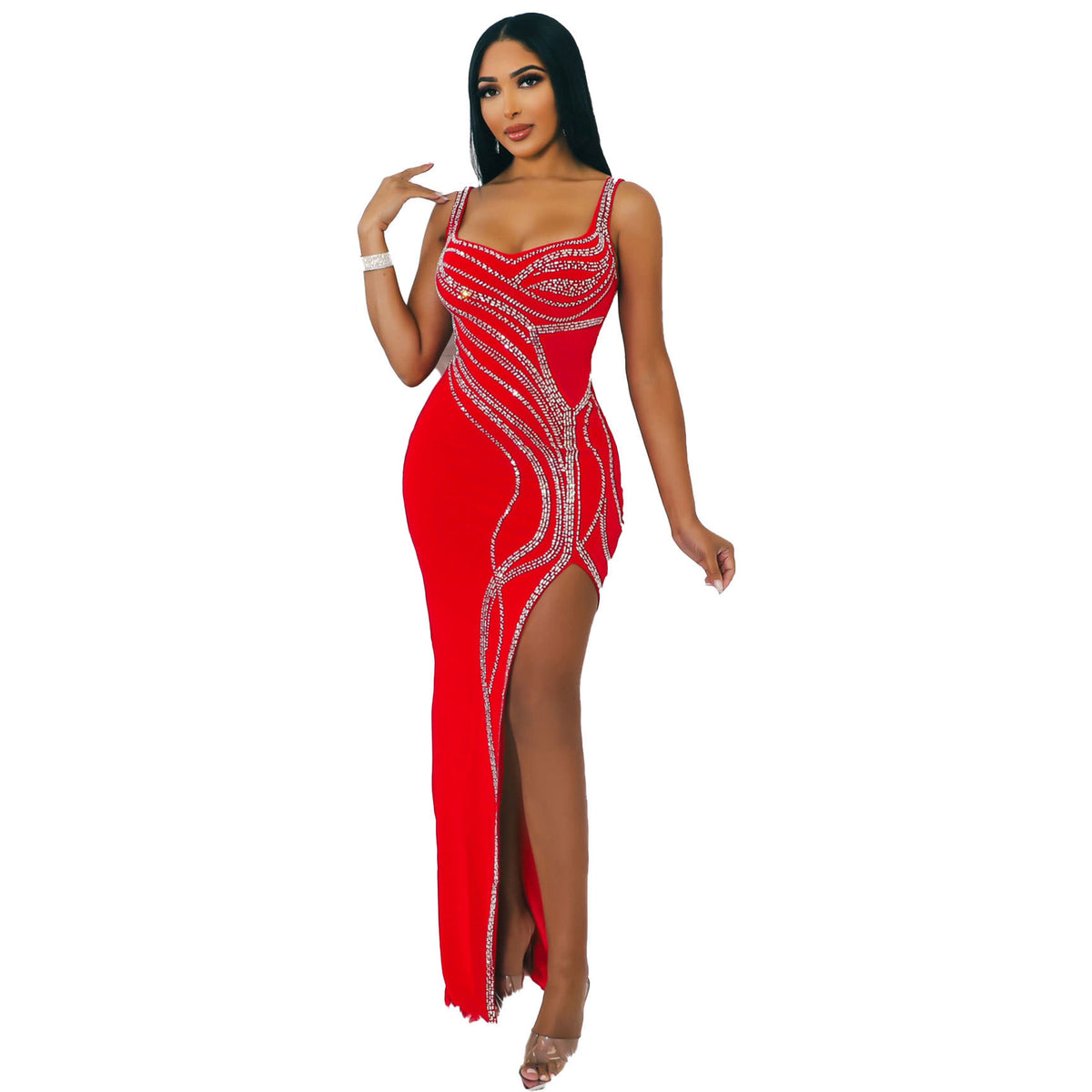 Women's Diamond Detail Slit Elastic Bodycon Dress