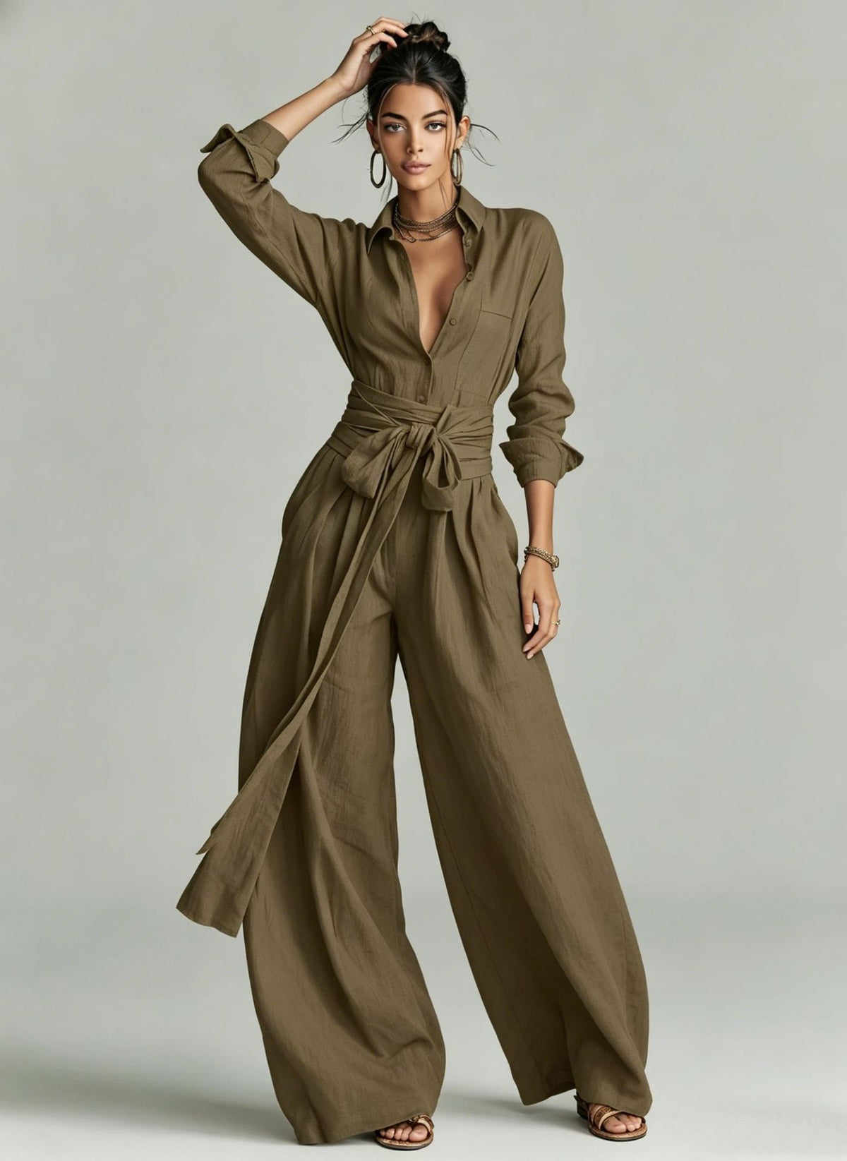 Women's Lapel Collar Belted Wide-Leg Jumpsuit