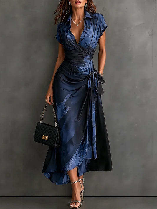Women's Ink Print Wrap Dress with Collar