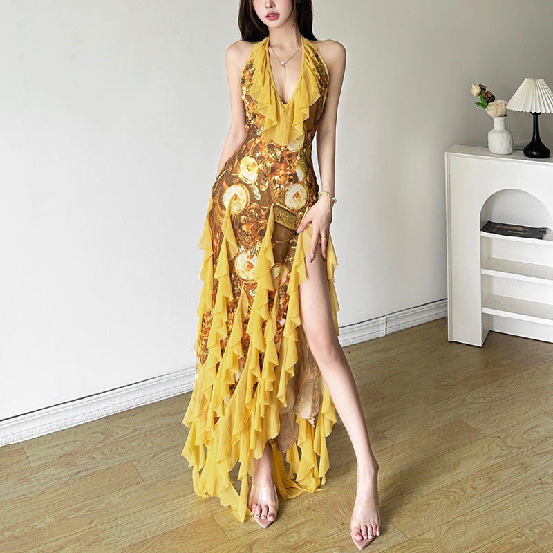 Women's Striped Floral Backless Dress