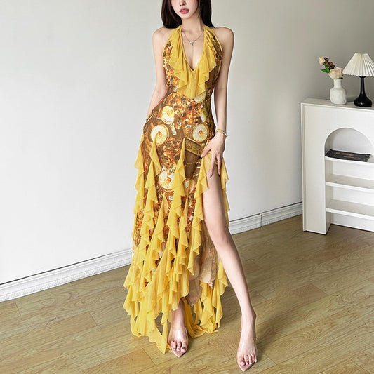 Women's Striped Floral Backless Dress