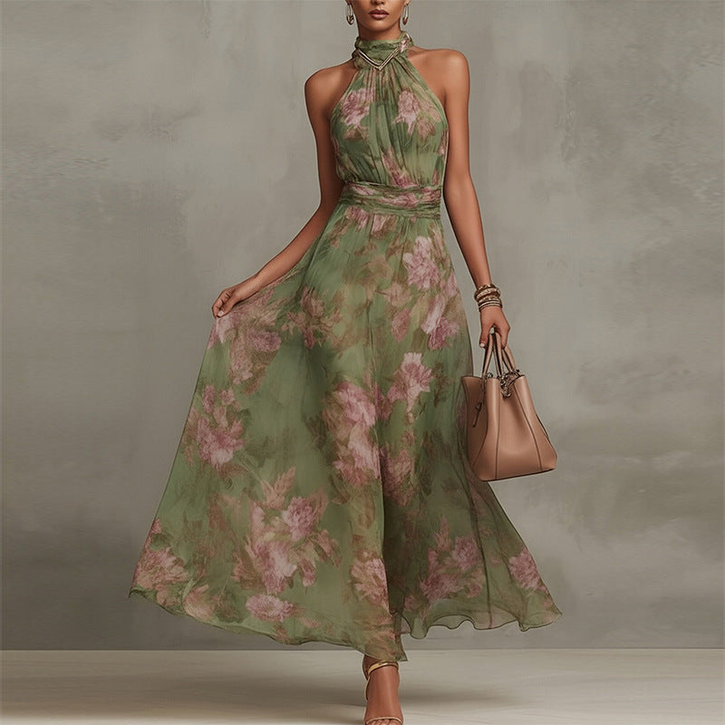 Women's Elegant Print Halter Neck Waist-Cinching Dress