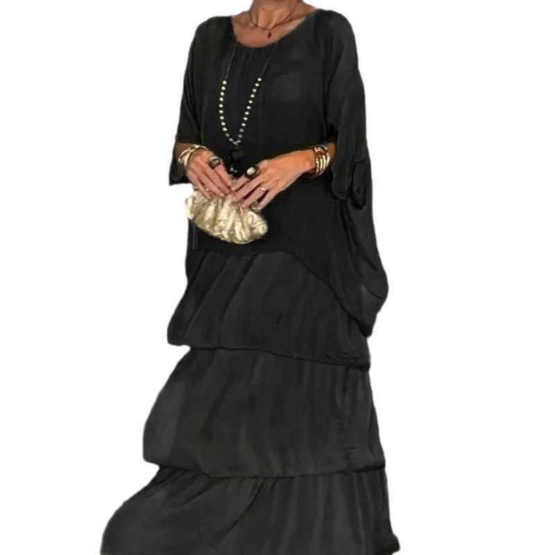 Women's Chiffon Batwing Sleeve Round Neck Long Dress