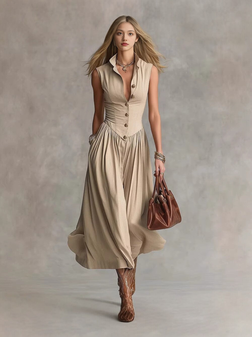 Women's Lapel Sleeveless Long Dress