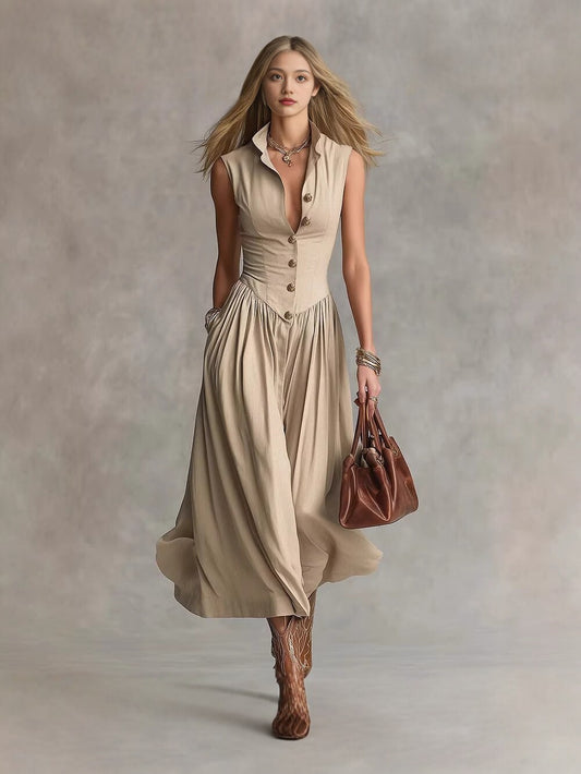 Women's Lapel Sleeveless Long Dress