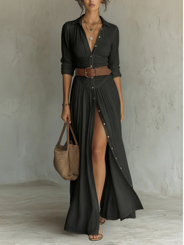 Women's V-Neck Long Slit Shirt Dress