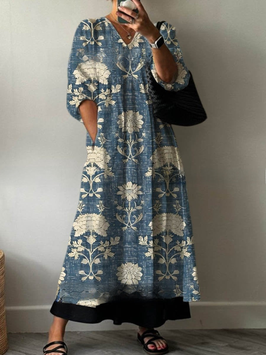 Women's Loose V Neck Long Sleeve Print Dress