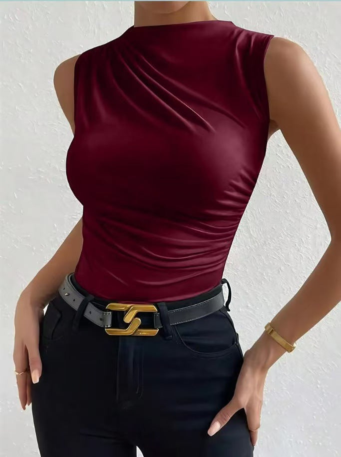 Women's Pleated Sleeveless Mock Neck Top in Wine Red