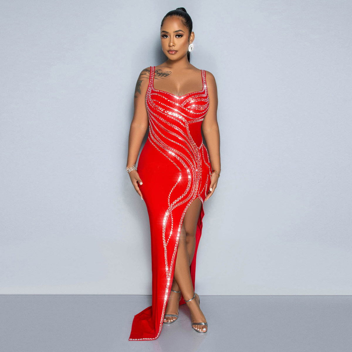 Women's Diamond Detail Slit Elastic Bodycon Dress
