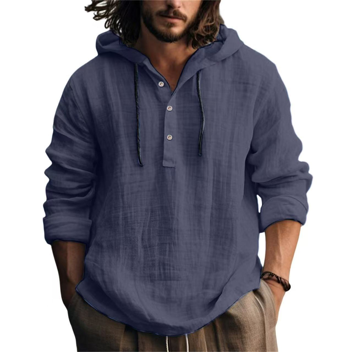 Men's Linen Long Sleeve Hooded Casual Shirt
