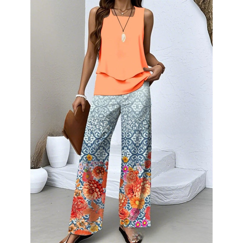 Women's Sleeveless Floral Print Tank Top and Pants Set