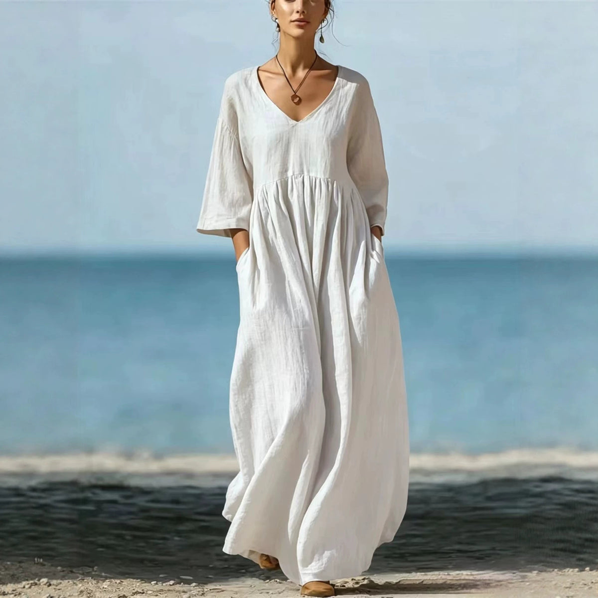 Women's V-Neck Cotton Linen A-Line Dress
