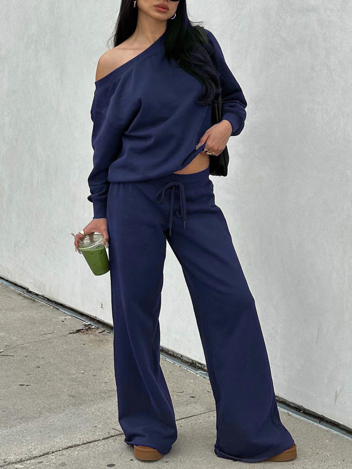 Women's Off-Shoulder Long Sleeve Top and Wide-Leg Pants Set