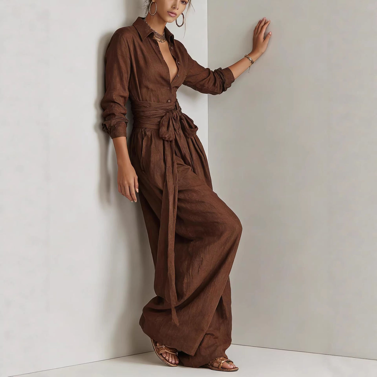 Women's Lapel Collar Belted Wide-Leg Jumpsuit