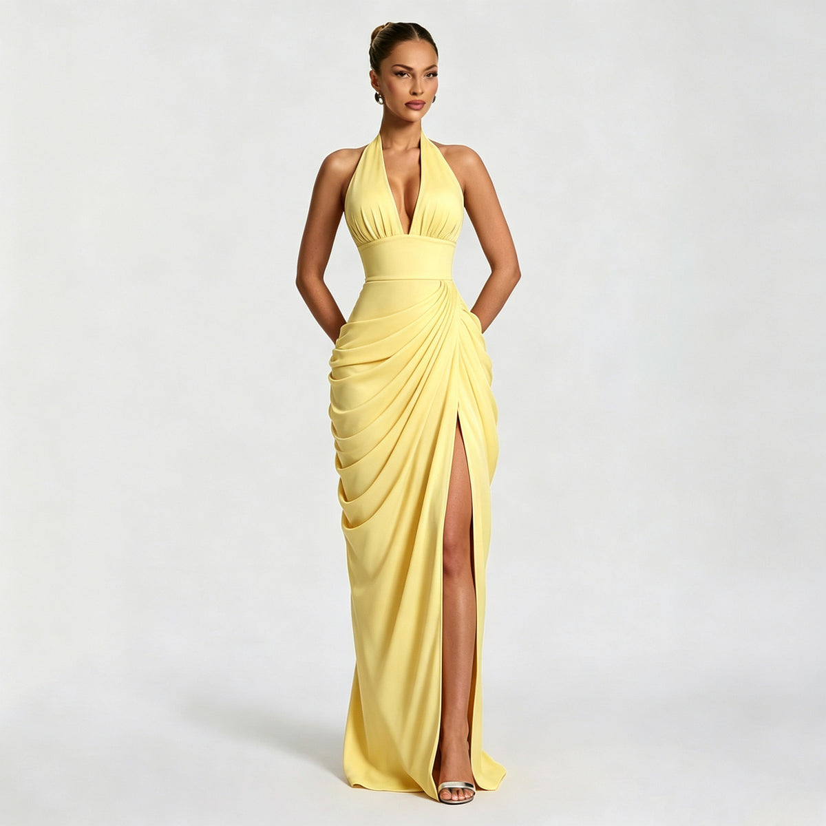 Women's Halter V-Neck Pleated Bodycon Dress