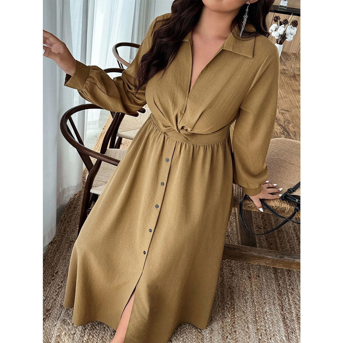 Women's V-Neck Drawstring High Waist Flared Dress