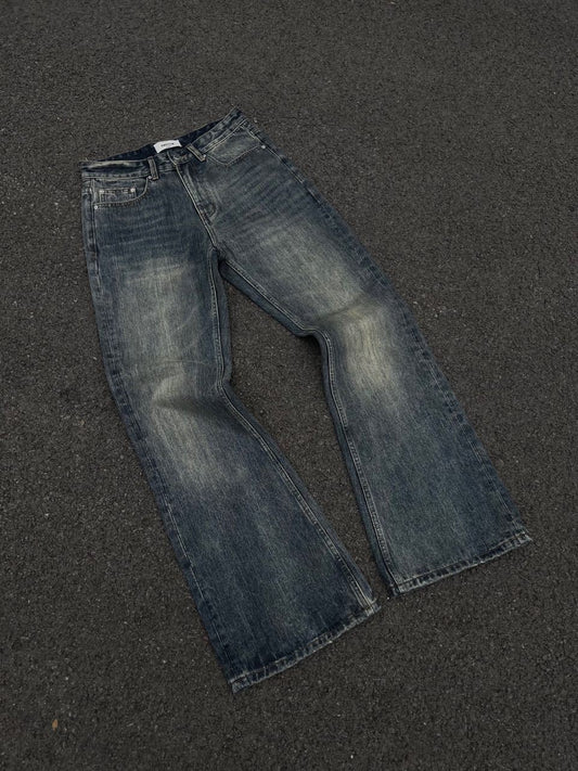 Vintage Washed Denim Pants with Slightly Flared Design