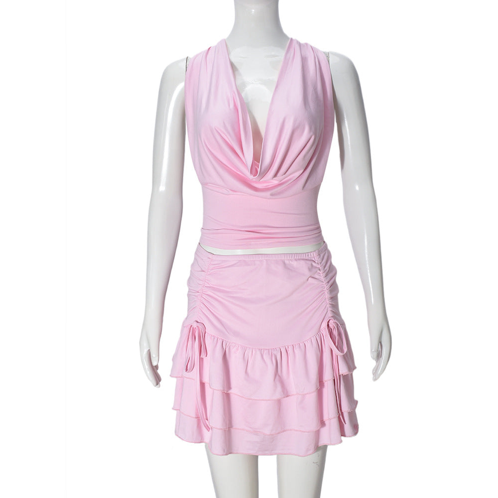 Women's Halter Crop Top and Tiered Skirt Set