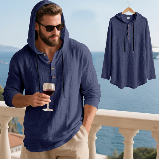 Men's Linen-Blend Hooded Henley Shirt