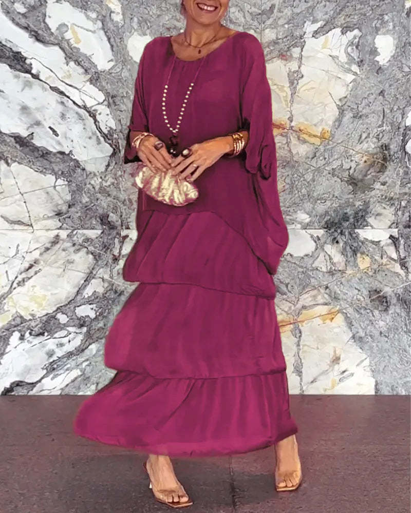 Women's Chiffon Batwing Sleeve Round Neck Long Dress