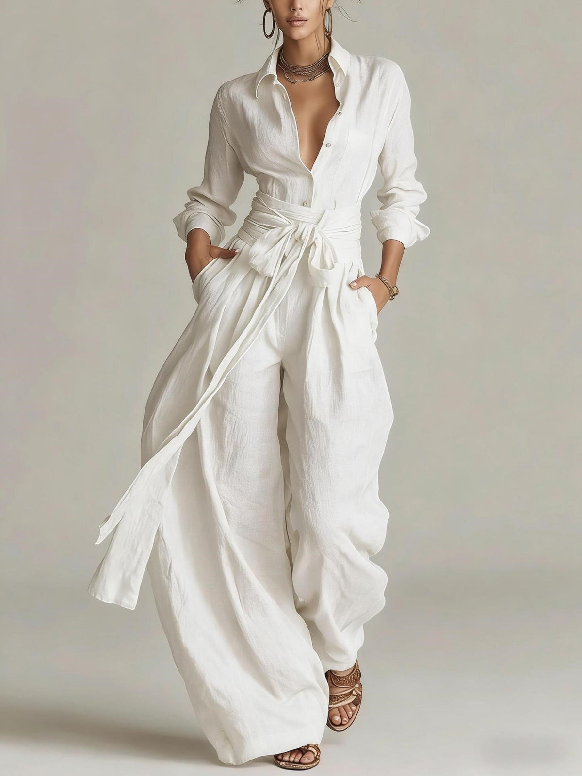 Women's Lapel Collar Belted Wide-Leg Jumpsuit