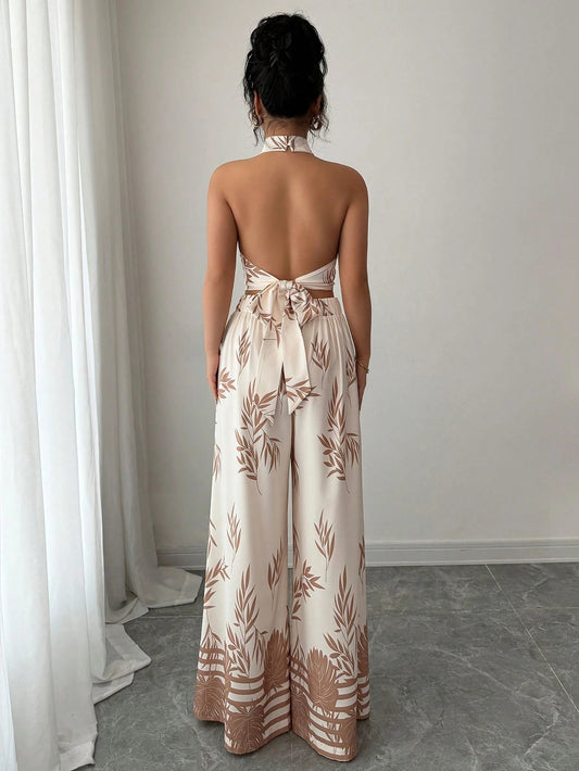 Women's Floral Halter Top and Wide-Leg Pants Set