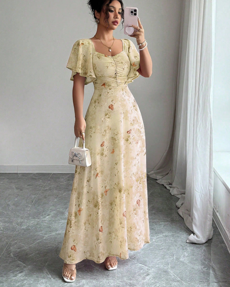 Women's Floral Print Chiffon Midi Dress with Lotus Sleeves