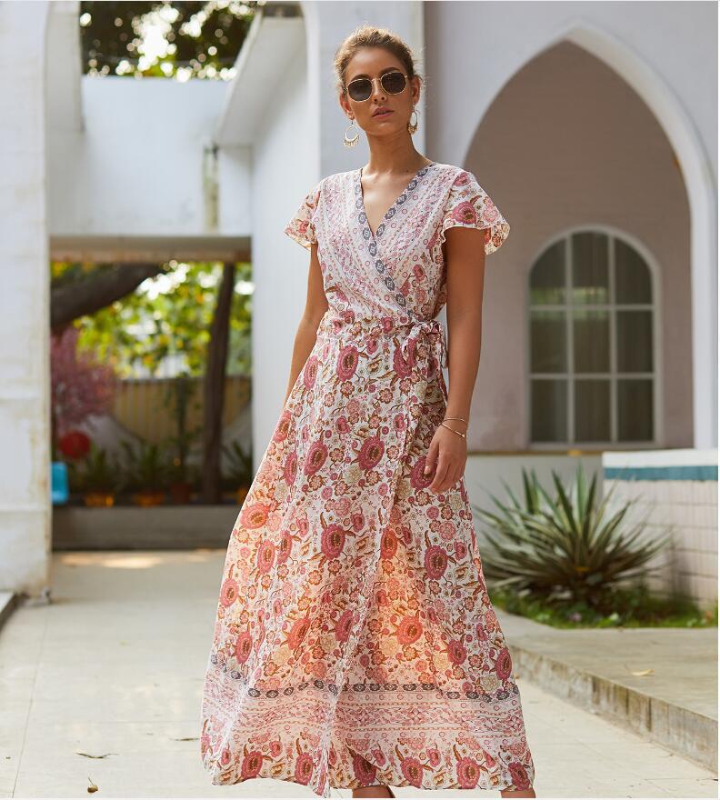 Bohemian Floral Print Sleeveless Maxi Dress in Pink