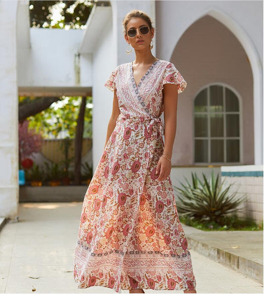 Bohemian Floral Print Sleeveless Maxi Dress in Pink