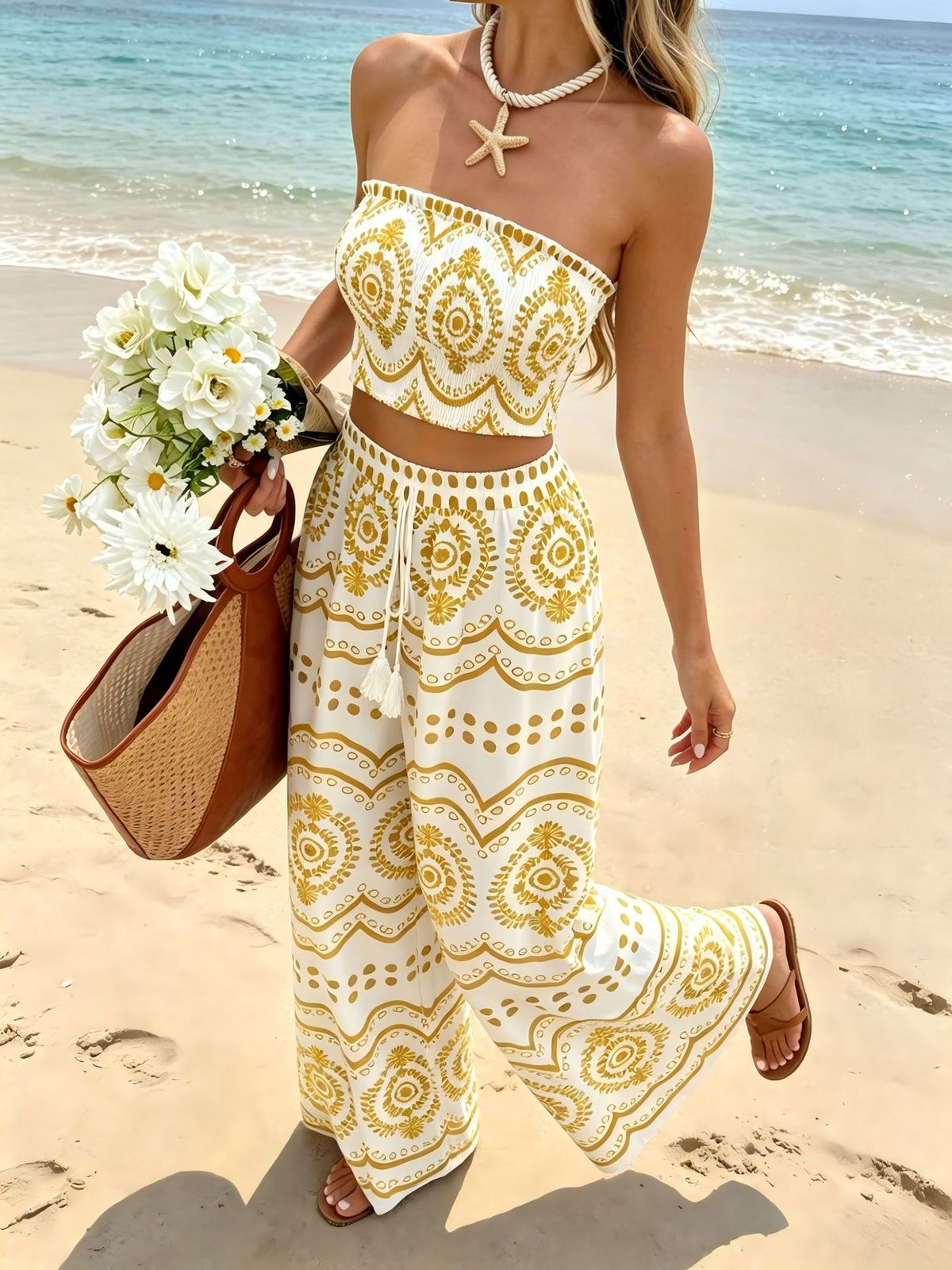 Women's Printed Tube Top and Wide-Leg Pants Set