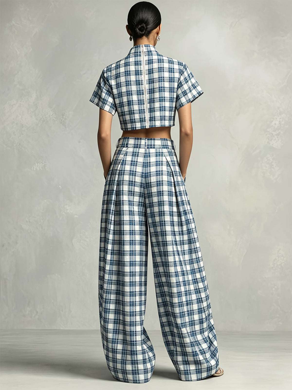 Women's Plaid Top and Wide-Leg Pants Set