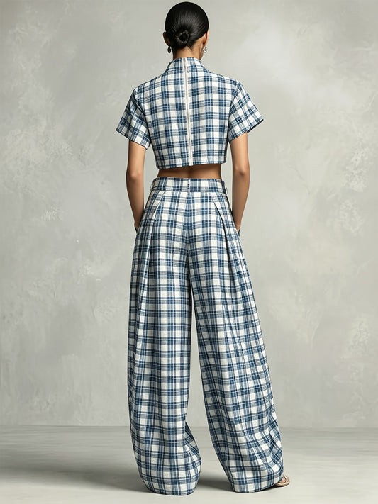 Women's Plaid Top and Wide-Leg Pants Set