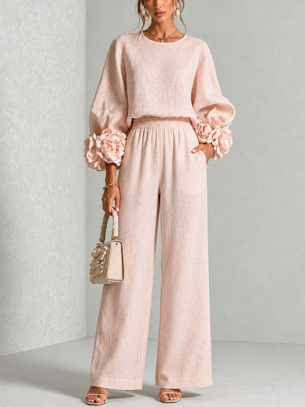 Women's Lantern Sleeve Top and Wide-Leg Pants Set with Ruffled Cuffs