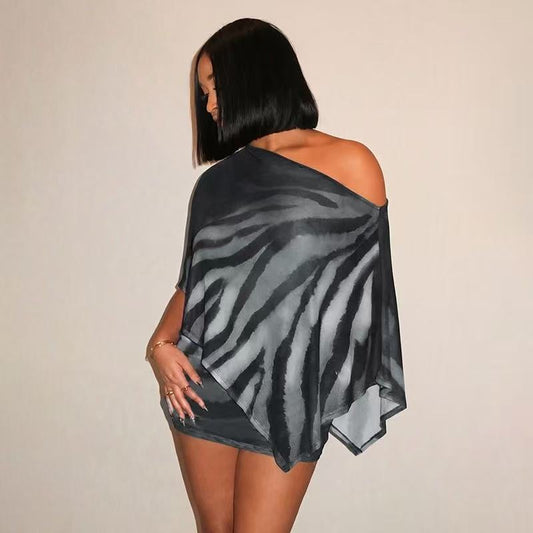 Women's One-Shoulder Print Top and Bodycon Skirt Set