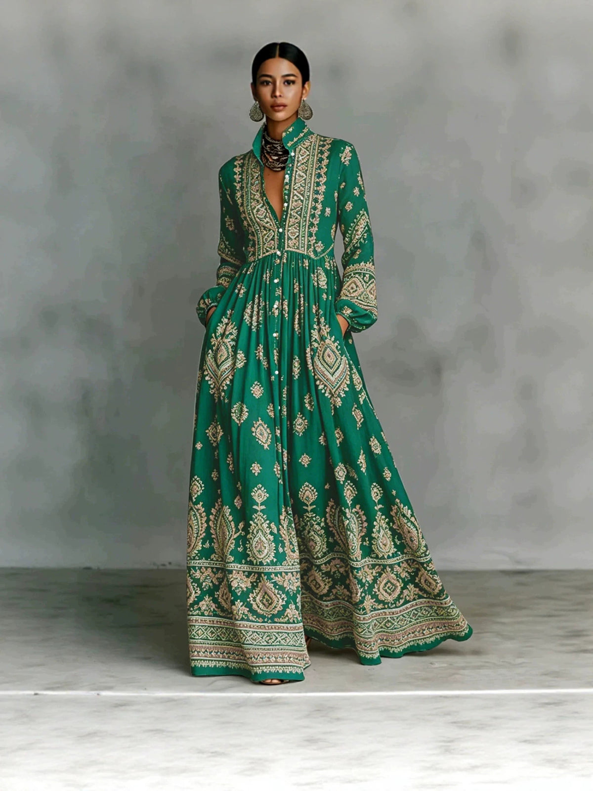Women's Ethnic Print Long Sleeve Dress with Pockets