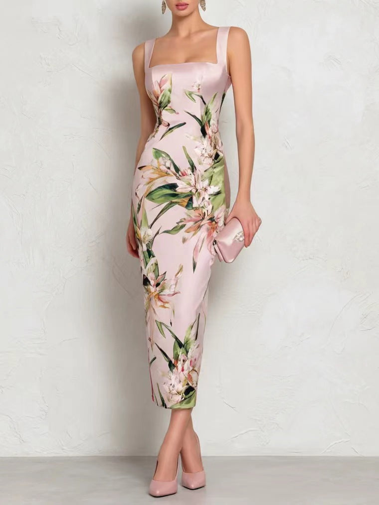 Women's Strapless Floral Bodycon Dress with Back Zipper